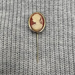 Vintage Cameo Stick Pin Gold Tone Lady Portrait Red Background Classic